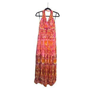 Laundry By Shelli Segal Halter Maxi Dress Size 2 Pink & Orange Pleated